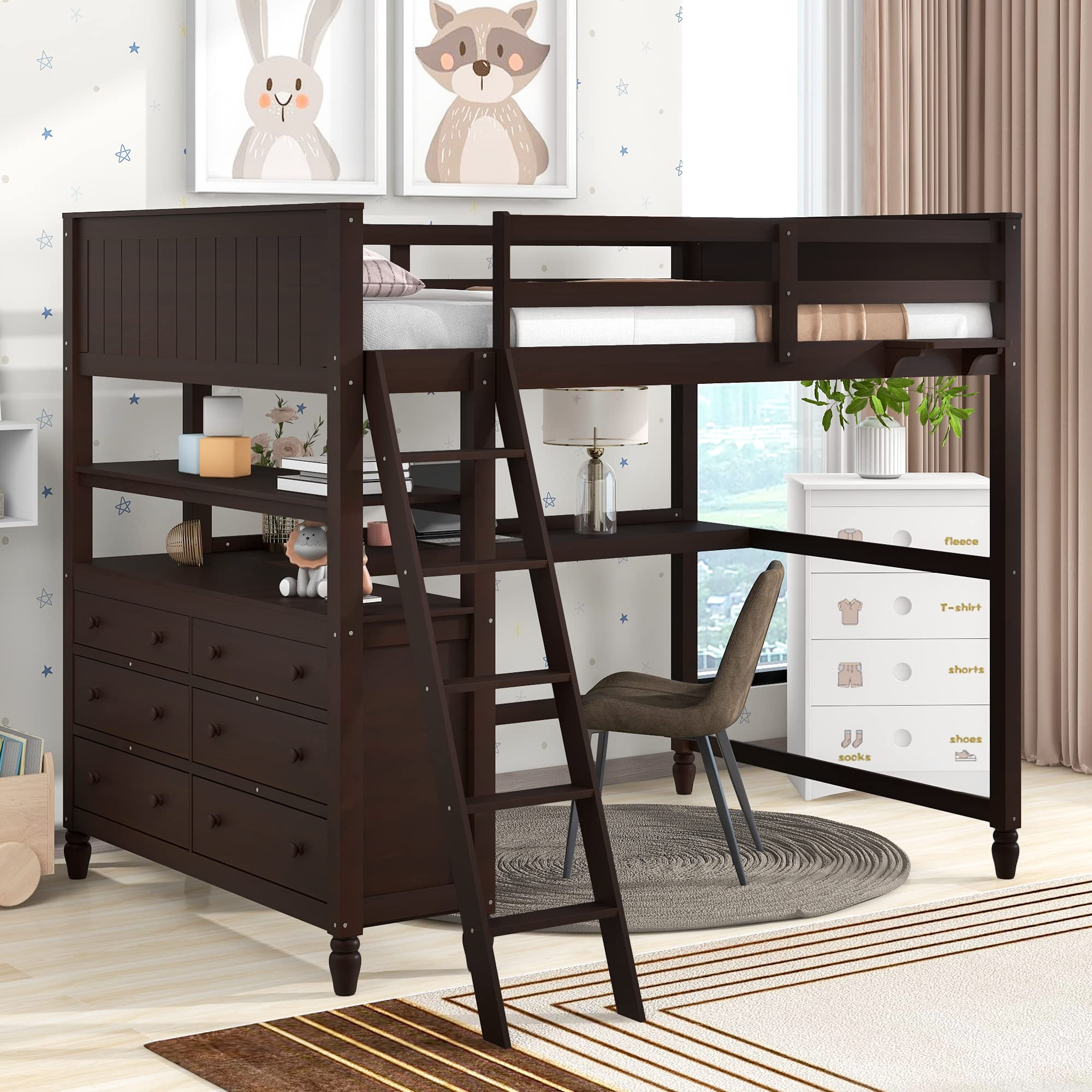 Full Size Loft Bed, Full Loft Bed with Desk, Wood Loft Bed Frame with Drawers & Shelves