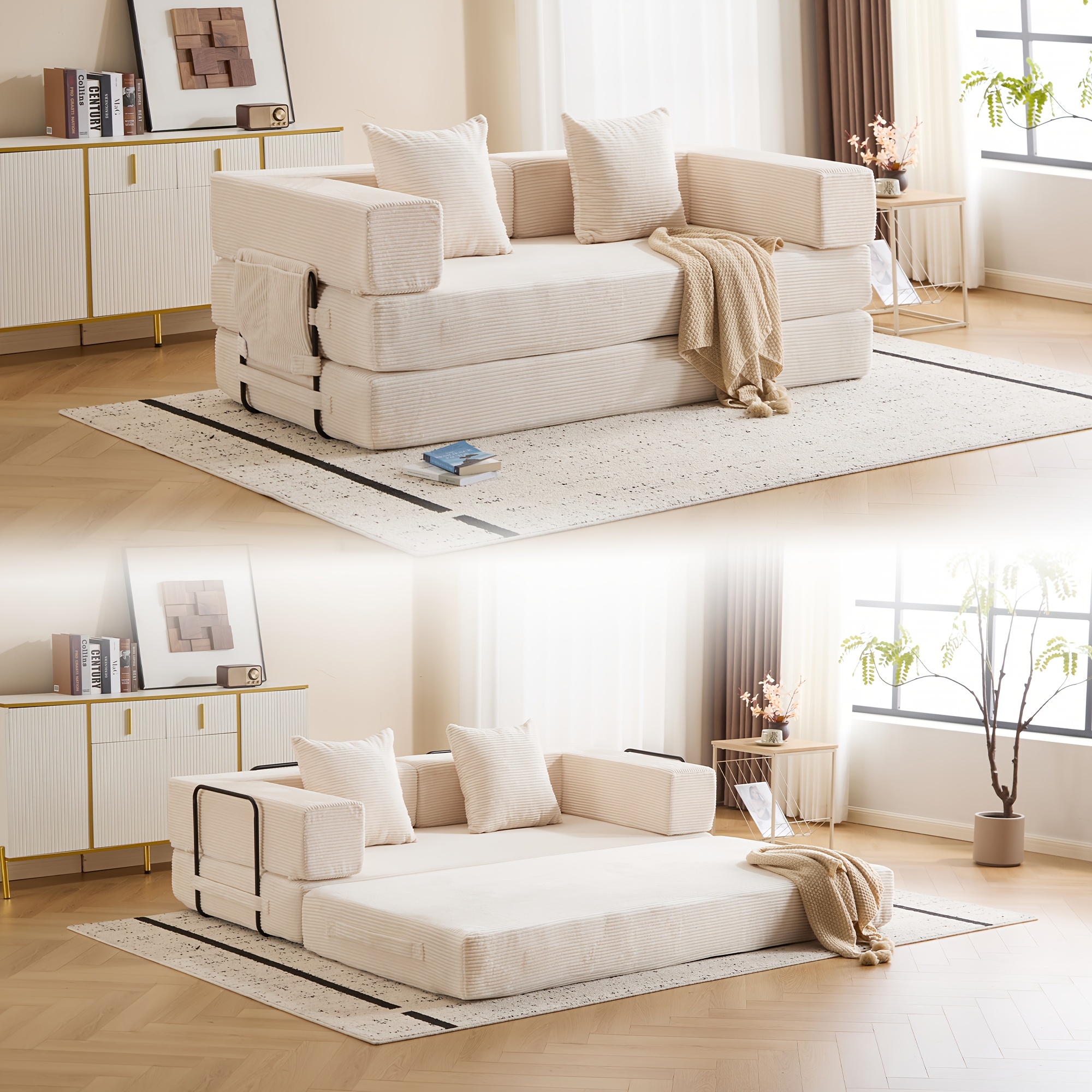 Convertible sleeper sofa bed with armrests and backrest, corduroy folding sofa with 2 throw pillows, modular combination sofa suitable for living room, bedroom, studio - no assembly required