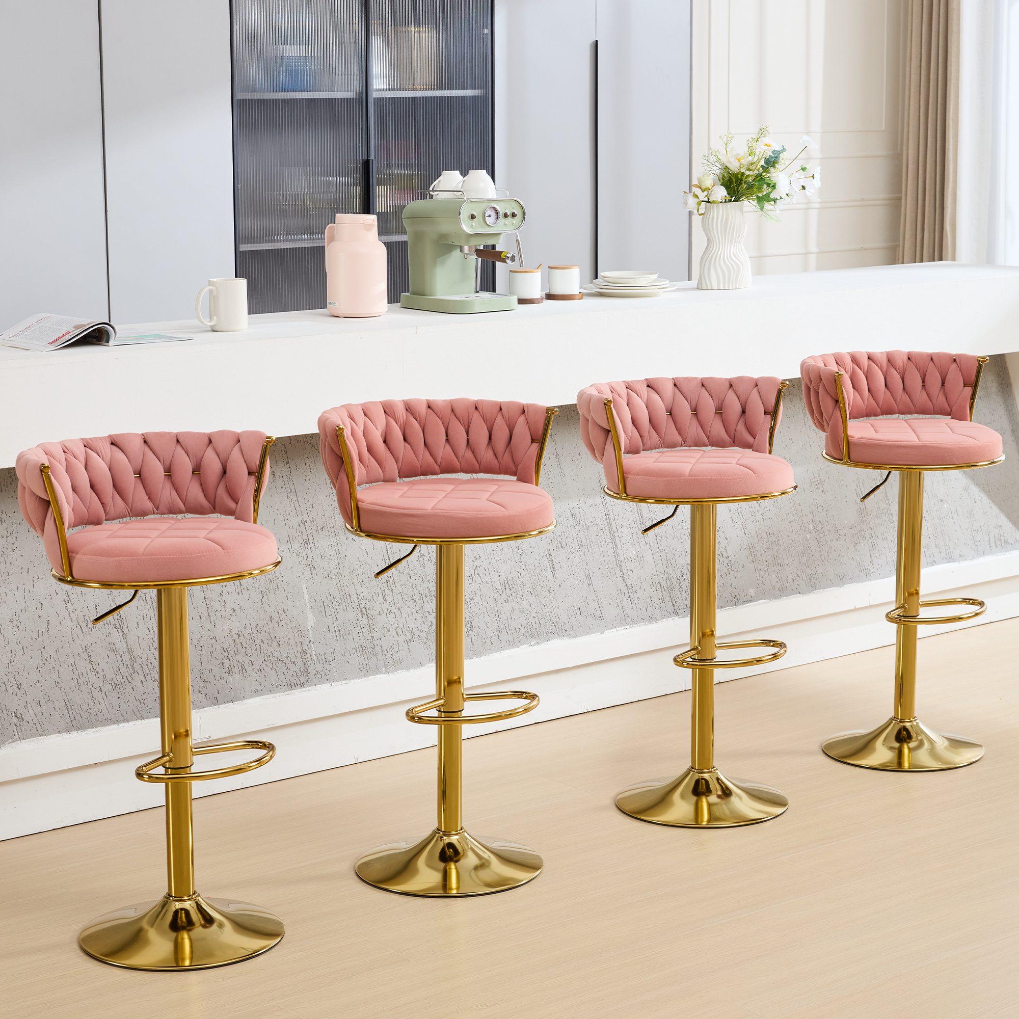 VECELO 360°Set of 4 swivel bar chairs, height-adjustable counter high chairs with back and arms, suede fabric kitchen island chairs