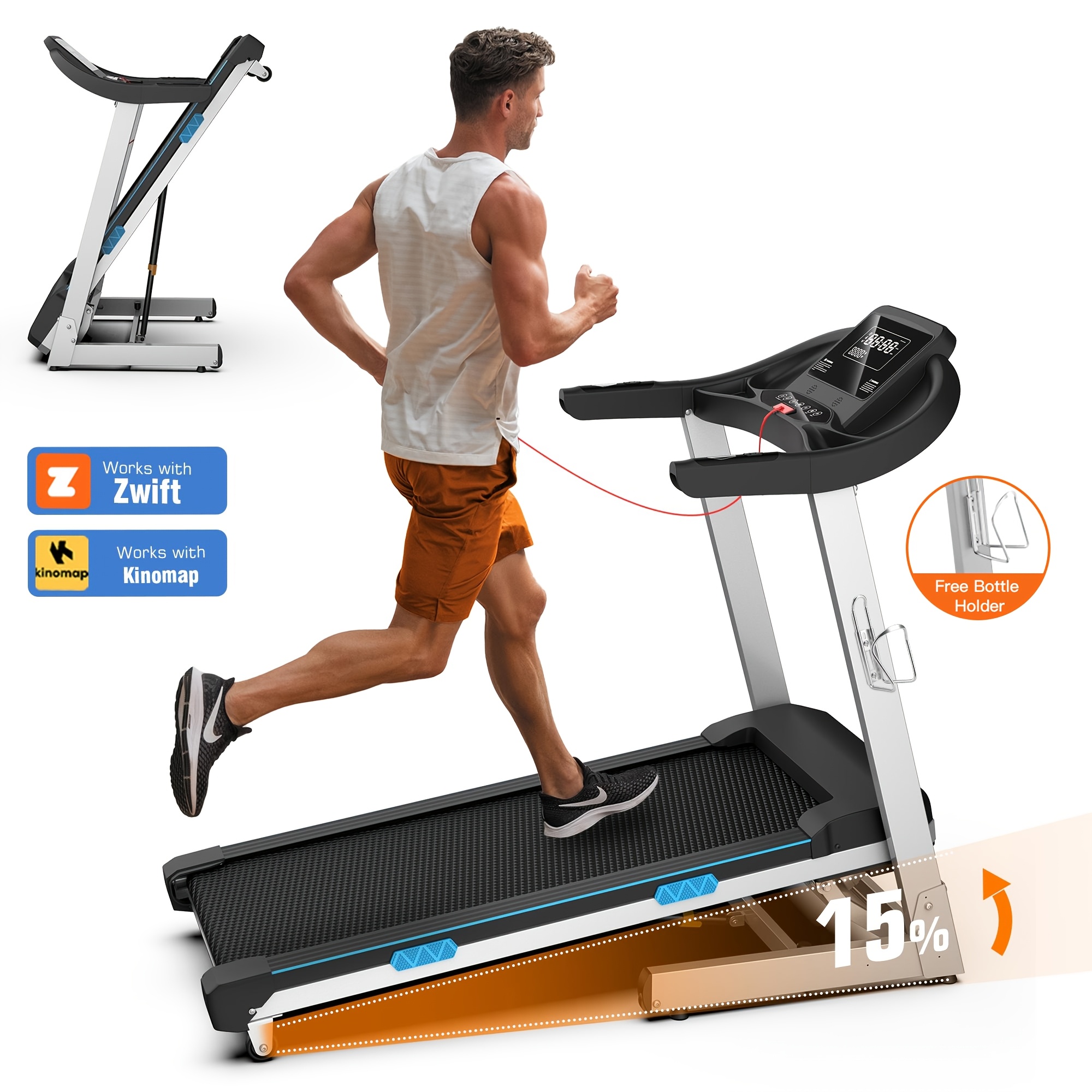 Folding treadmill with 15% automatic incline, 4.0HP home treadmill, maximum speed 0.6-8.7 MPH, 400 lbs weight capacity, digital display, suitable for walking, running, and indoor fitness workouts, comes with lubricant, battery not included