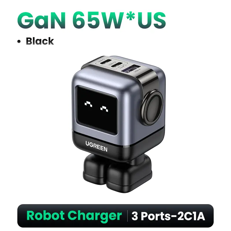 UGREEN Uno Robot 65W GaN Wall Charger, 3-Port 2C1A PD3.0 PPS Fast Charging Power Adapter, US Plug Travel Charger for iPhone 17/16/15, Samsung S24, MacBook Air, iPad
