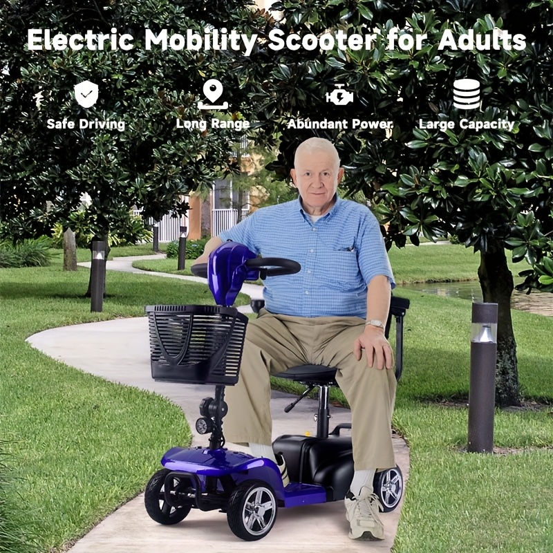Adult four-wheel folding mobility scooter, 250-watt 12-volt motor, 12-amp-hour battery with a 15-mile range, equipped with LED front lights and a detachable storage basket.Comes with a tool kit, charger, and manual.Holiday Surprise Gifts