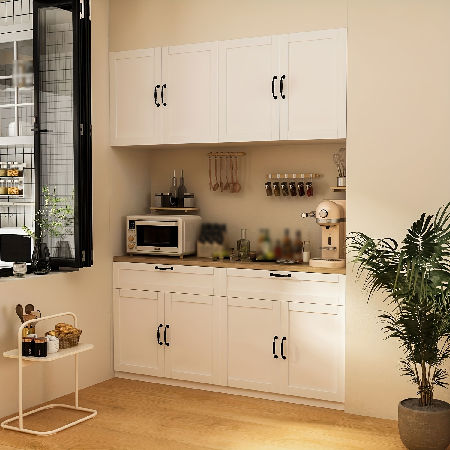 Wooden storage cabinet, kitchen side pantry, large capacity storage, wall-mounted kitchen food cabinet with doors, drawers, and adjustable shelves
