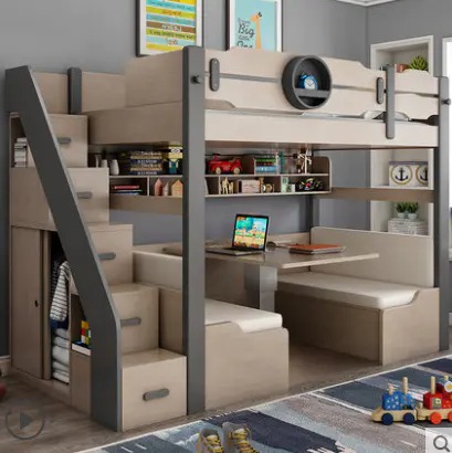Upper and lower desk and bed all-in-one bunk bed combination