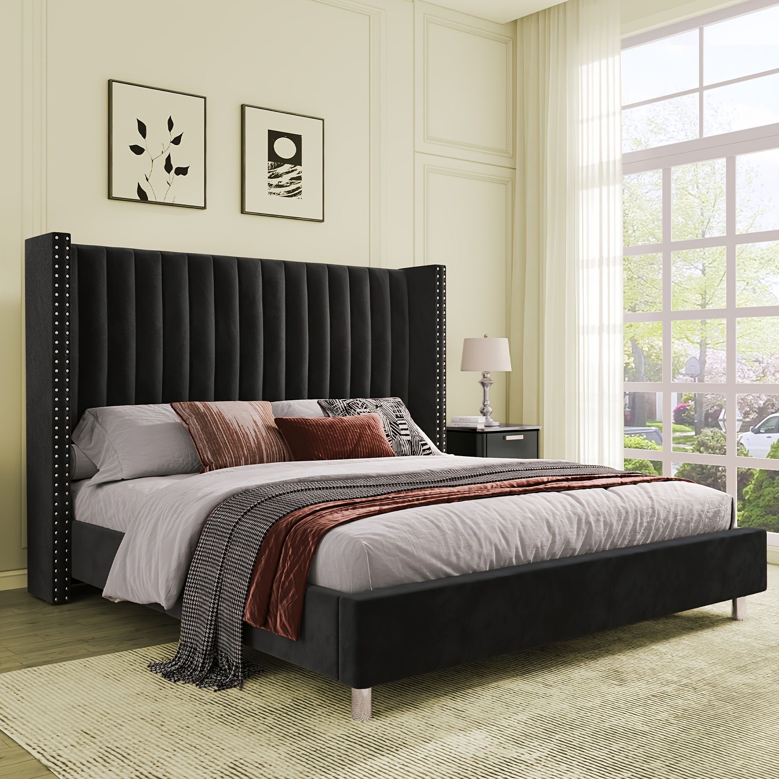 Papageet luxury bed frame with quilted velvet wingback headboard – vertical quilted upholstered platform bed, no box spring needed, easy to assemble, high-density fiberboard/wooden frame, suitable for modern and traditional styles