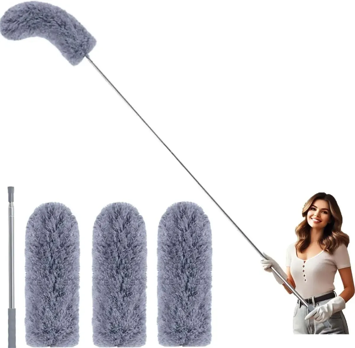 Extendable microfiber duster, equipped with 100inch extension rod, 3 washable duster replacement heads, 360-degree rotation° Flexible long-handled ceiling fan cleaning brush, with rubber cover, gray