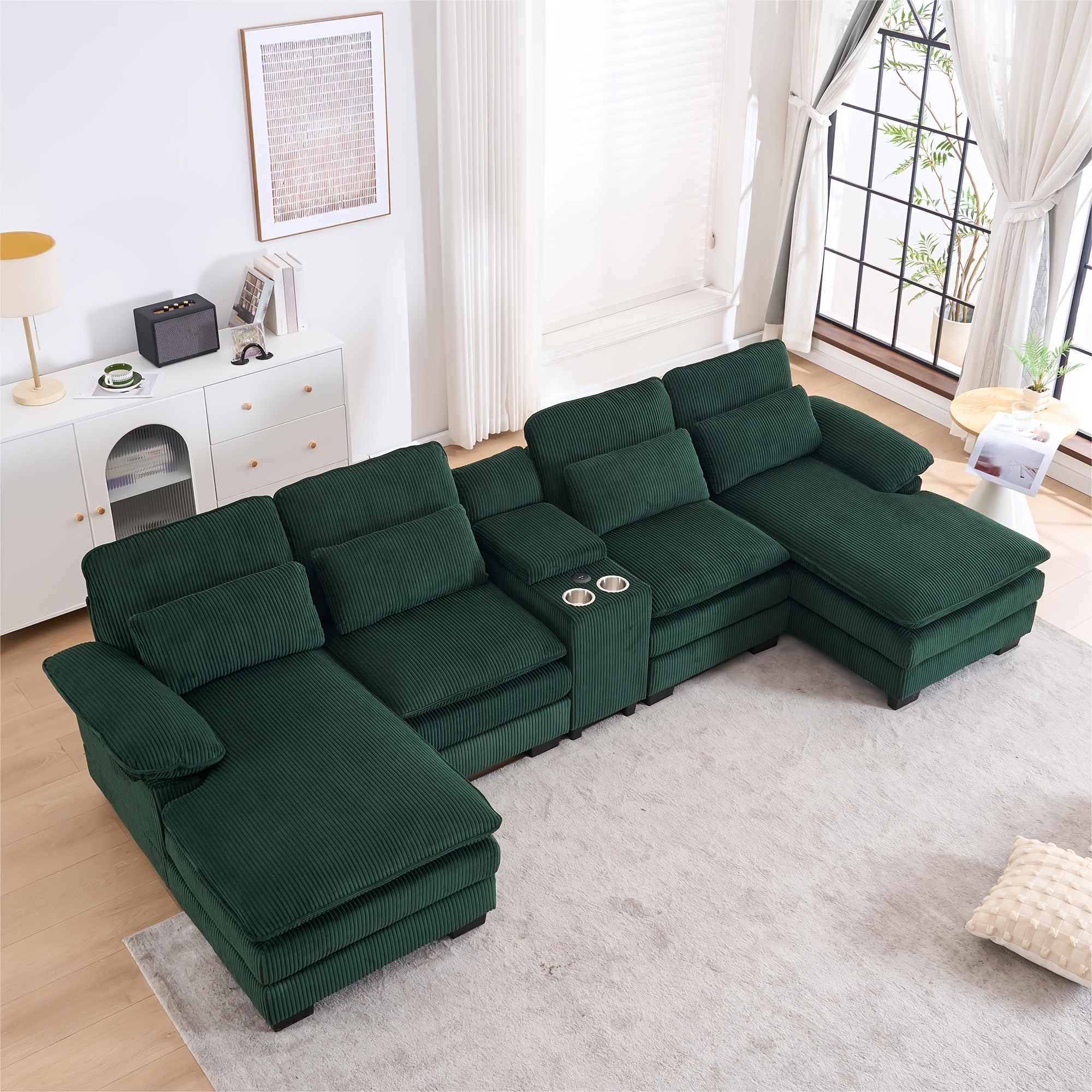 124inch Comfortable plush corduroy living room sectional sofa, featuring a double recliner and deep seat design, U-shaped cloud sectional sofa, equipped with a central armrest USB port