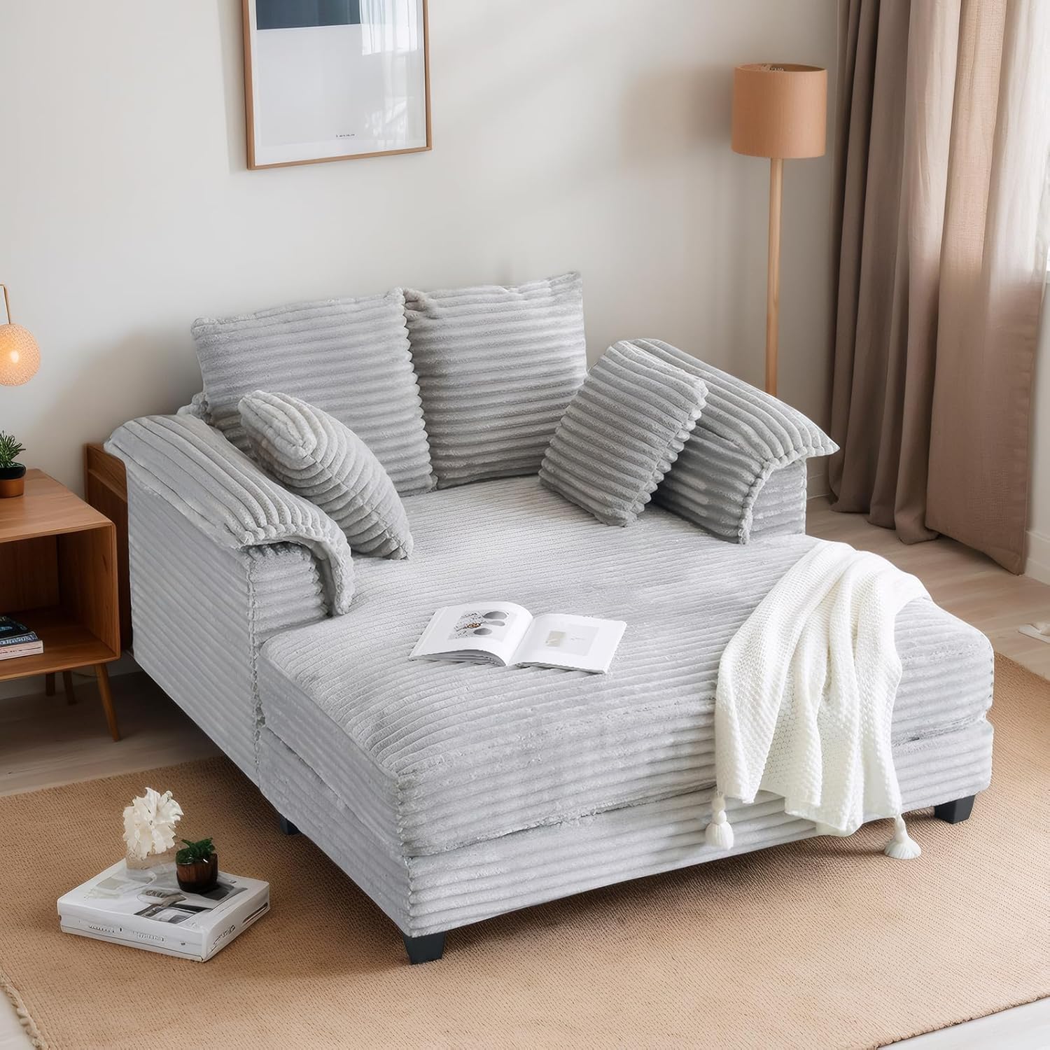 LEADZM Living Room Sofa, 56inch Extra Large Reading Sofa Corduroy Recliner Sofa Bed with Cushions, Comfortable Sleeping Sofa with Pillows and Armrests, Suitable for Living Room, Movie Room, Bedroom