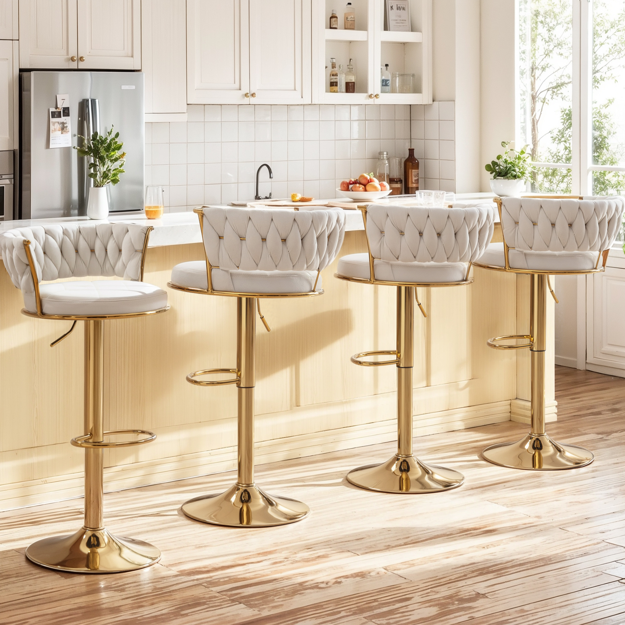 VECELO 360°Set of 4 swivel bar chairs, height-adjustable counter high chairs with back and arms, suede fabric kitchen island chairs