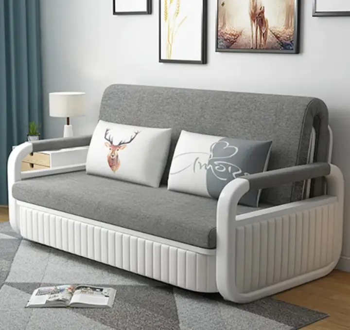 Cotton and linen upholstered sofa bed with storage