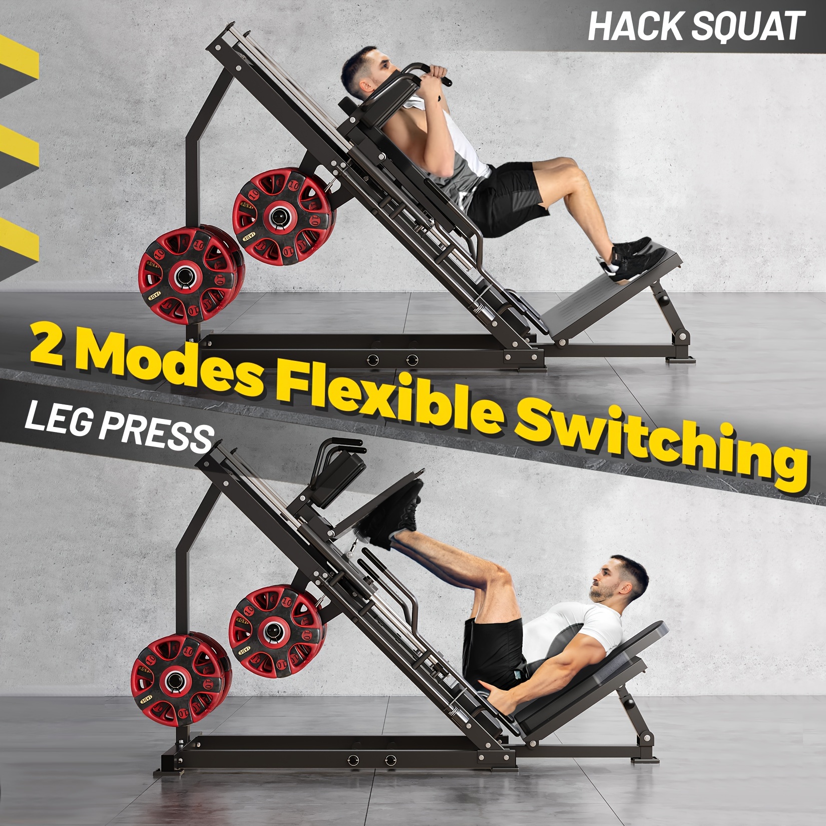 Leg press hack squat machine, leg exercise machine with linear bearings, 1400 lbs load capacity, designed for lower body, with quads weight storage, black for home gym
