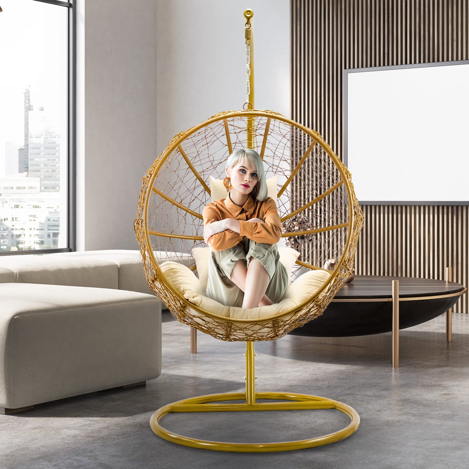 Porch Swing Chair with Stand, Cushion & Pillow, Goldden Egg Rattan Wicker Swing Hanging Chair