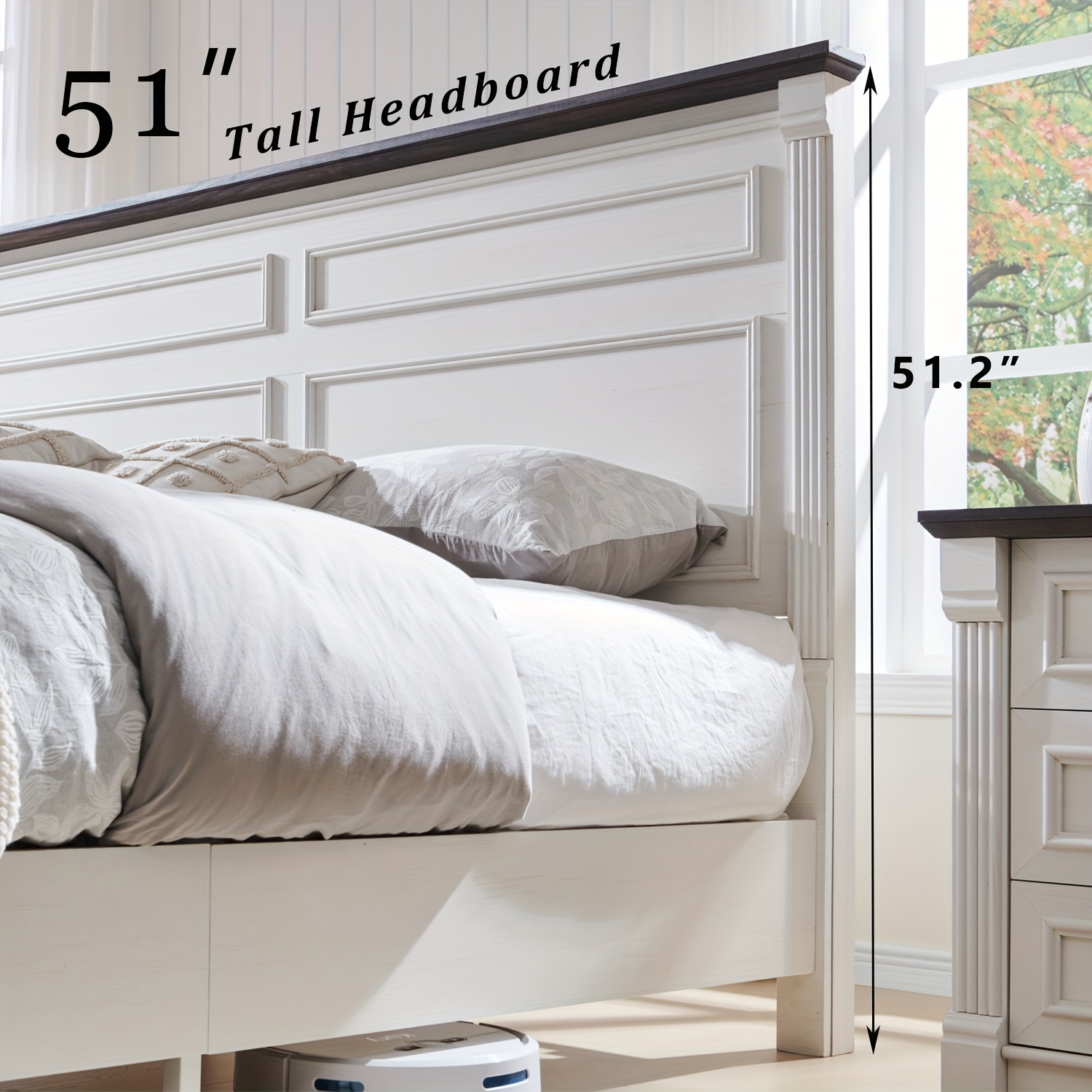 Farmhouse king/queen/twin size bed frame with high headboard, wooden platform bed frame with 20inch high Roman column decorated footboard and 3 large storage drawers, no spring mattress required