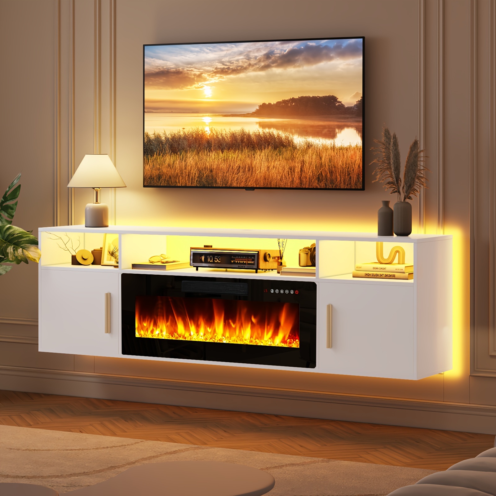 Floating wall-mounted TV cabinet 70inch with LED lighting, entertainment center and storage function, modern wooden living room media cabinet with high-gloss finish
