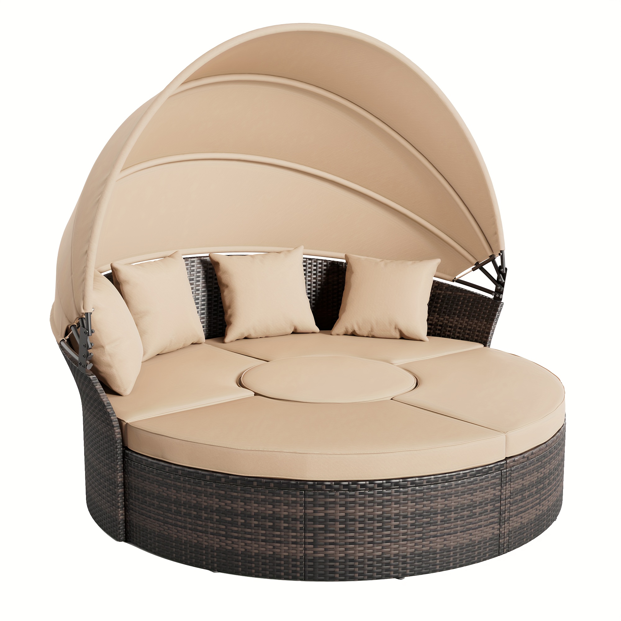 Outdoor round daybed with retractable sunshade, shell-shaped split seat, rattan furniture with washable cushions, suitable for backyard, lawn, poolside, garden, and outdoor living spaces, brown