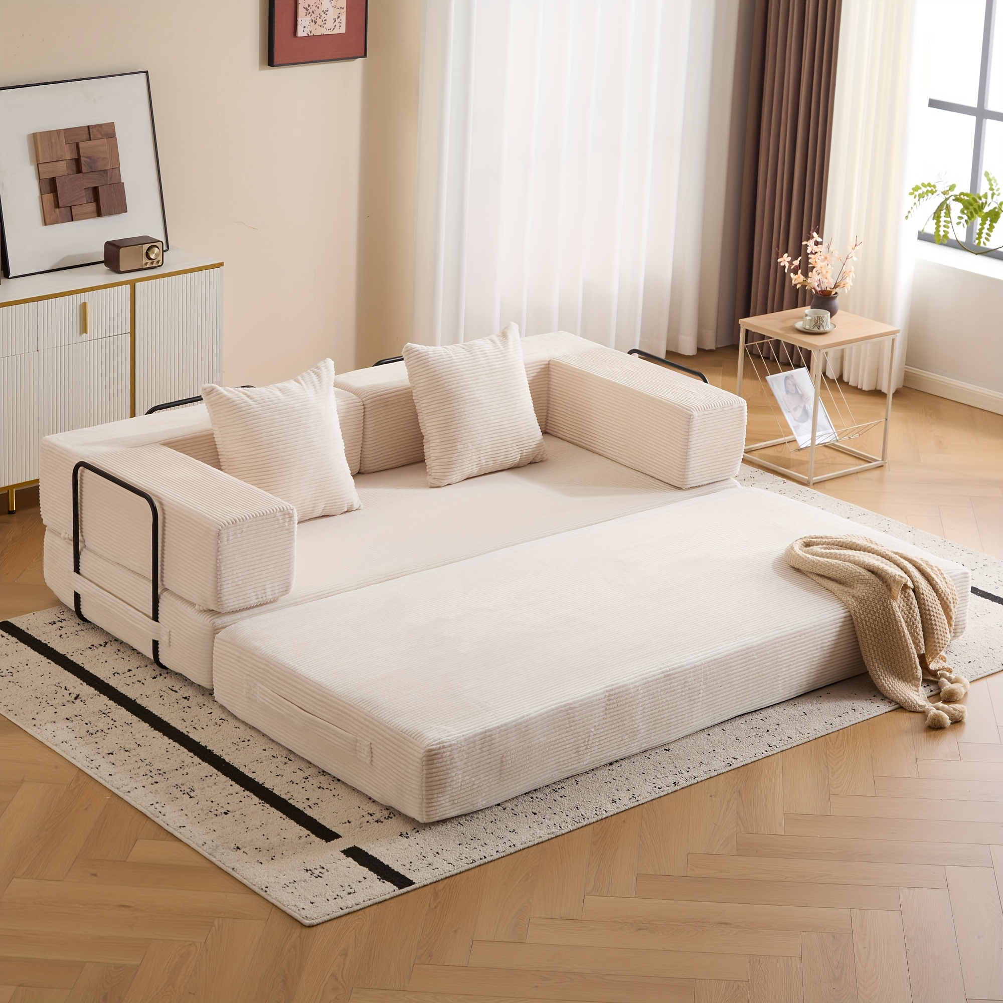 Convertible sleeper sofa bed with armrests and backrest, corduroy folding sofa with 2 throw pillows, modular combination sofa suitable for living room, bedroom, studio - no assembly required