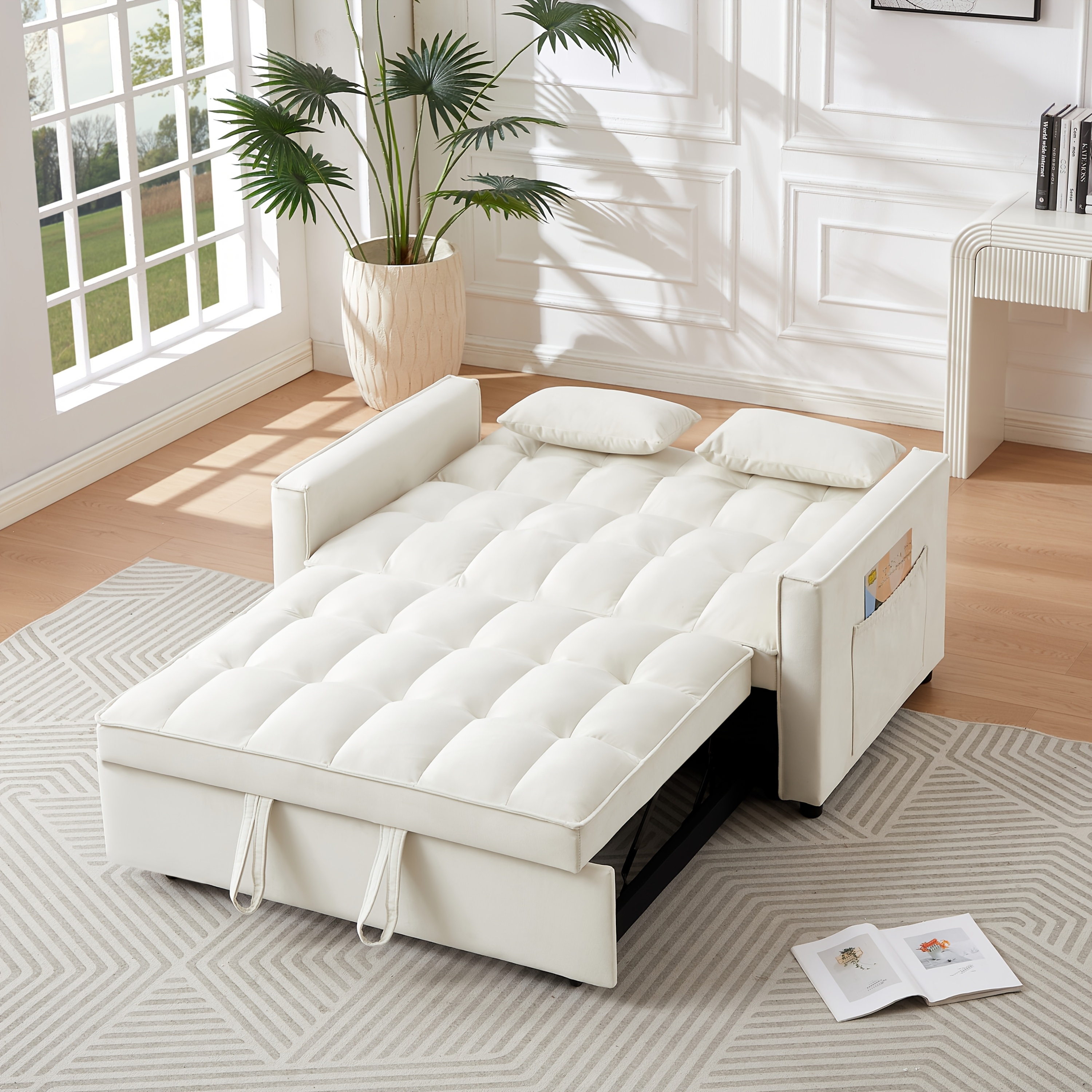 54inch Velvet 3-in-1 Convertible Sleeper Sofa Bed, Living Room Sofa Bed with Side Pocket| Adjustable backrest| Velvet fabric| Pull-out sofa| Likes to sit on the sofa| Sectional sofa bed| 2-seater sofa bed