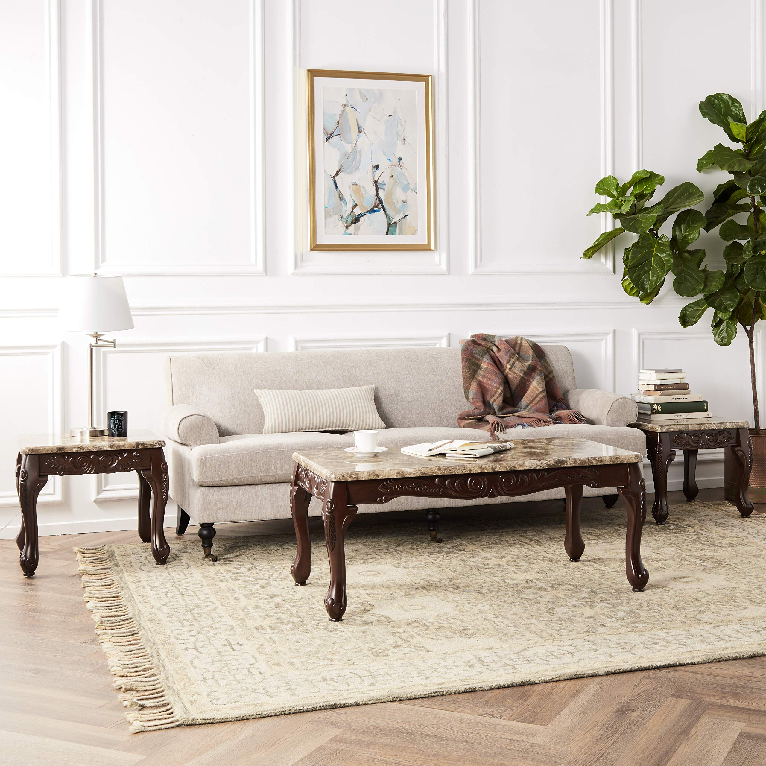 3-Piece Traditional Faux Marble Top Accent Tables Set, Dark Oak