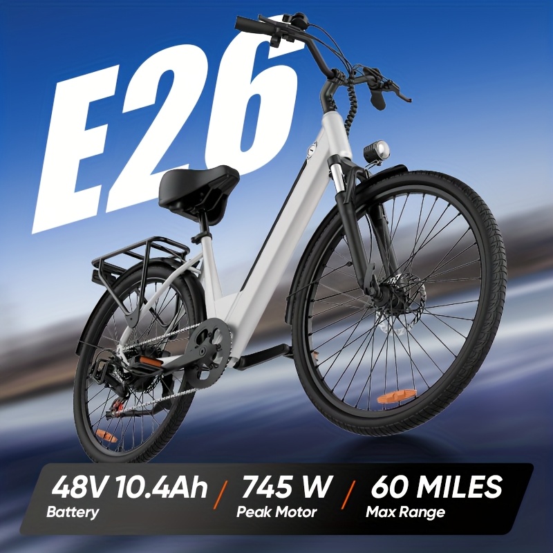 E26 electric bicycle, 26inch tires, peak power 745W, front dual shock absorbers, 48V, 10.4Ah lithium battery, maximum range 60 miles, suitable for city commuting and outdoor riding