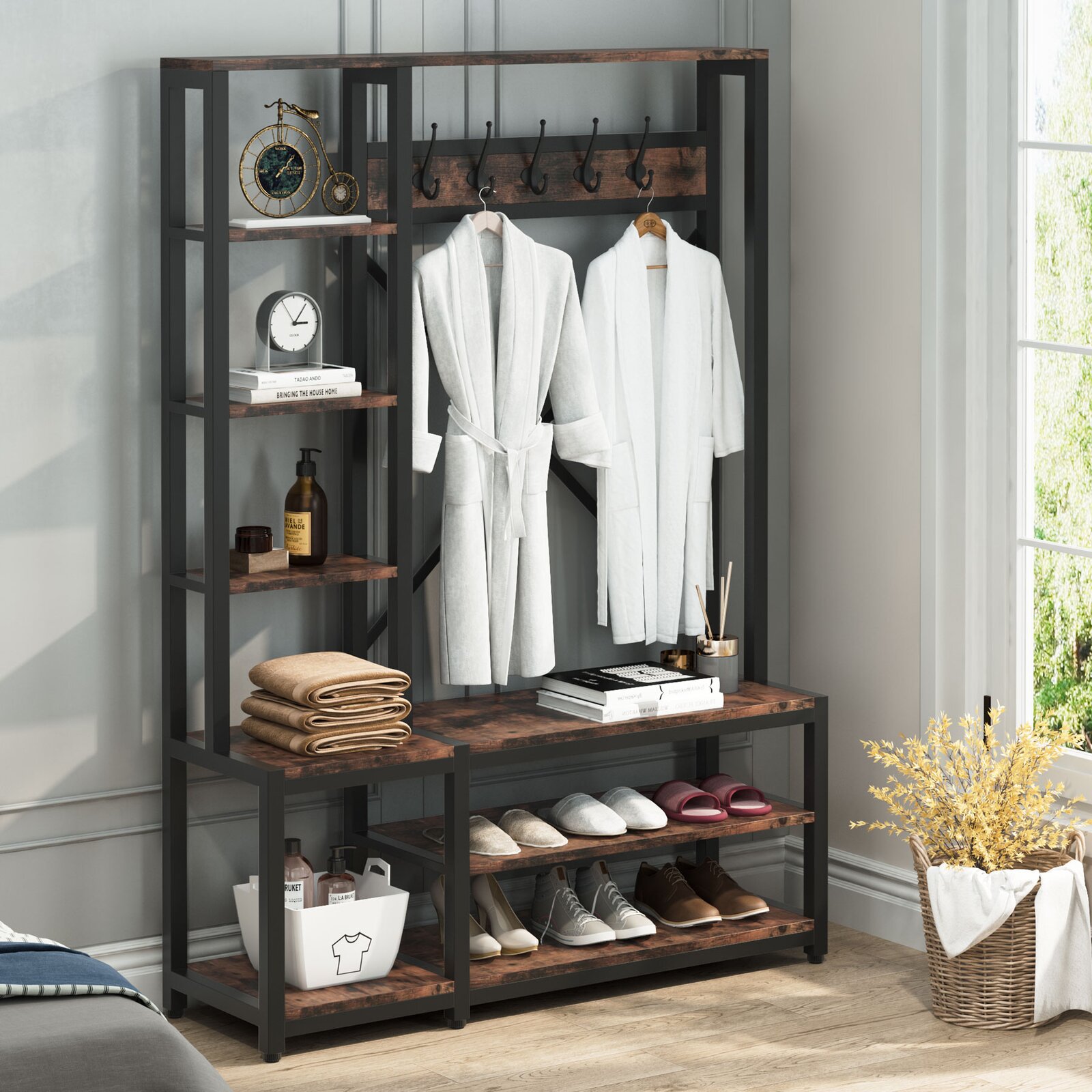 Emelyne 47.2'' Wide Iron Hall Tree with Bench and Shoe Storage