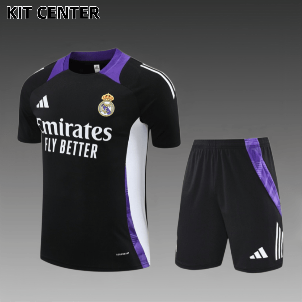 24/25 Real Madrid Black paired with purple ShortSleeve Training Wear ( Adult kit Kids )
