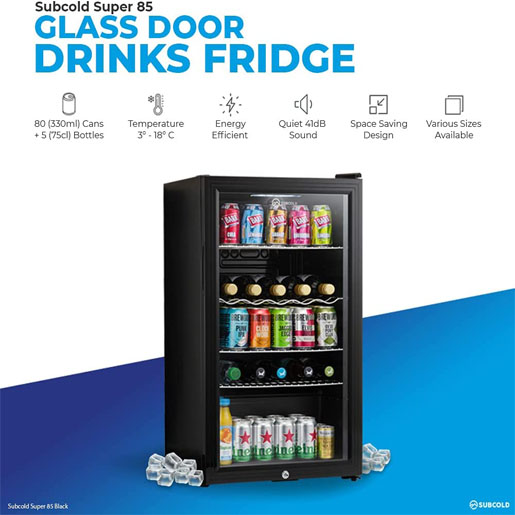 Subcold Super85 LED &ndash; Under-Counter Fridge | 85L Beer, Wine & Drinks Fridge | LED Light + Lock and Key | Energy Efficient (Silver, 85L) [Energy Class E]