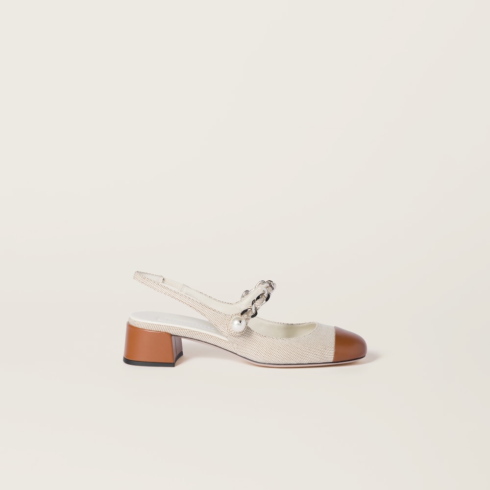 Canvas and leather slingback pumps