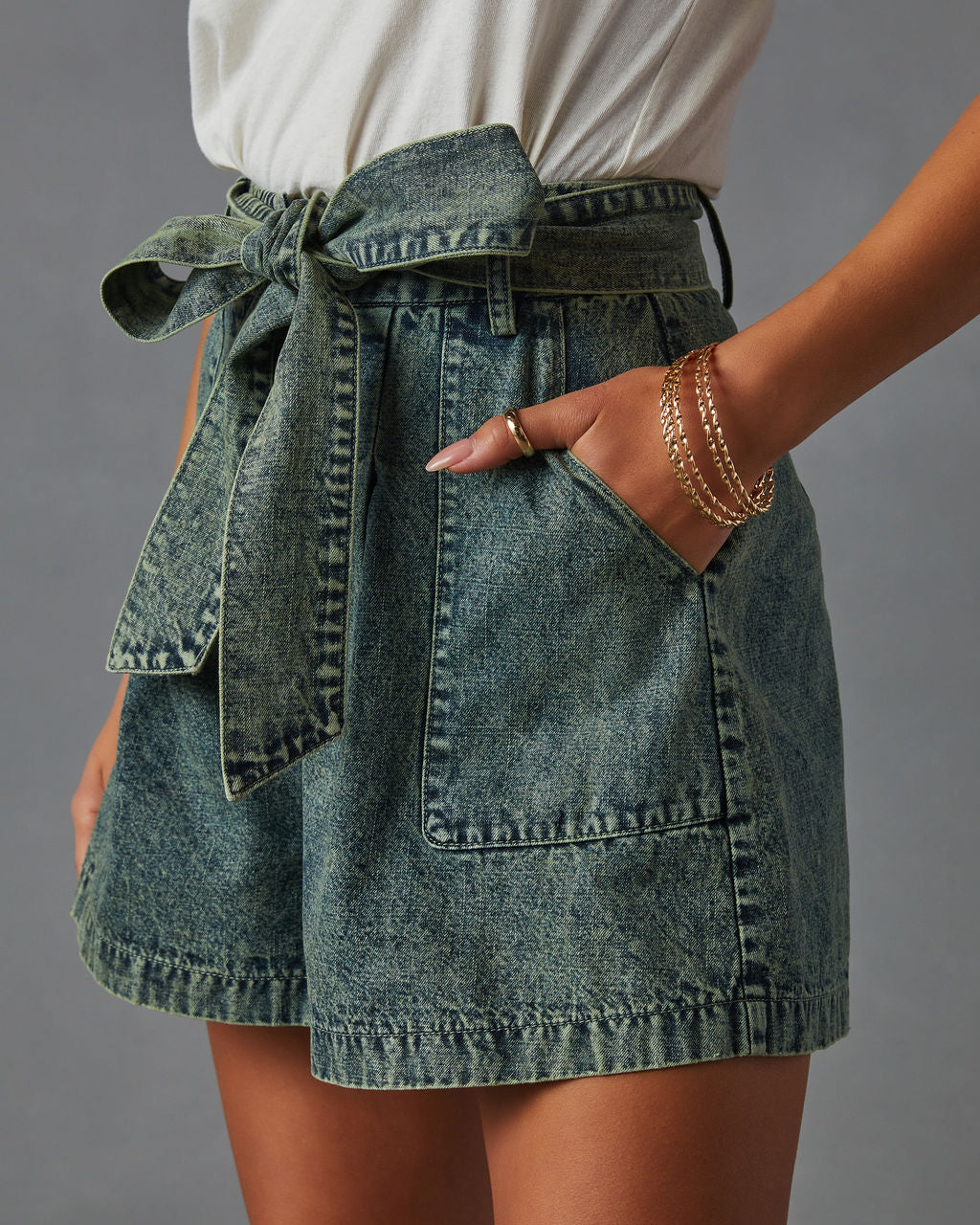 Milena Tie Waist Pocketed Acid Wash Shorts