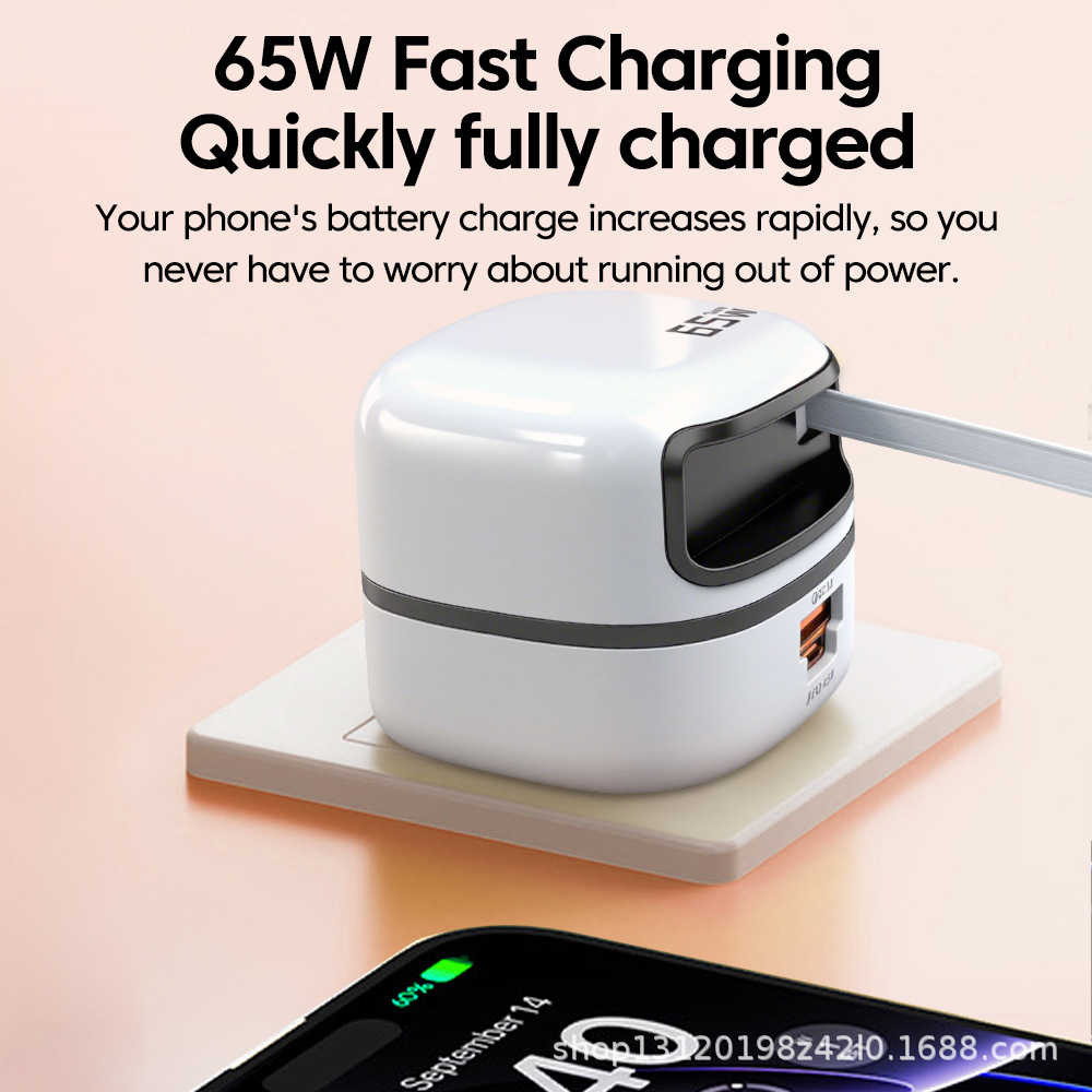 65W Fast Charger with Built-In Retractable Cable, USB A + USB C Dual Port Wall Charger, Foldable Plug Travel Power Adapter for iPhone, Samsung, Laptop