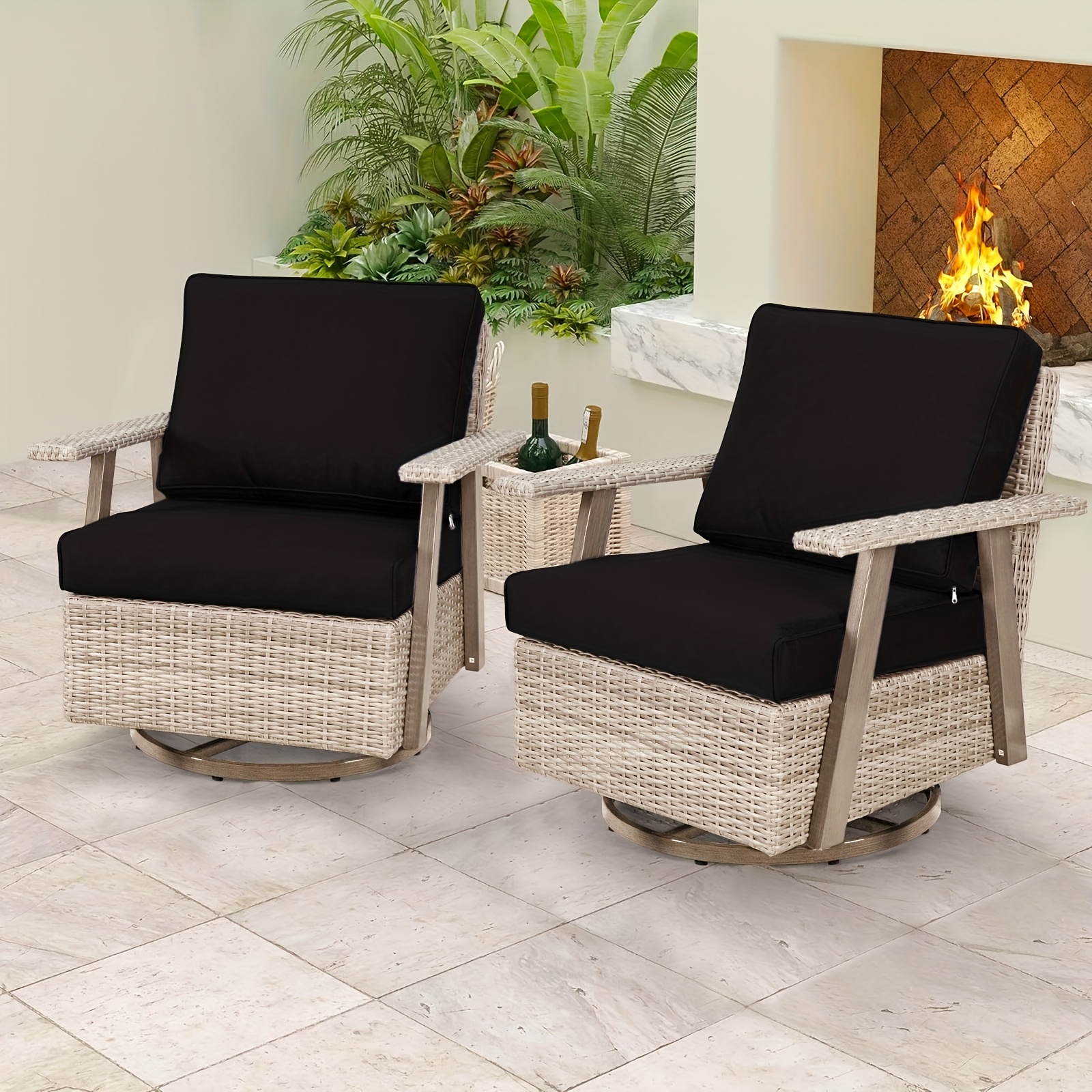 Large 360-degree swivel outdoor rocking chair set of 2, extra-large rocking chair set of 2, PE woven rattan rocking chair set of 2 suitable for placement in courtyards, corridors, indoors, and other places