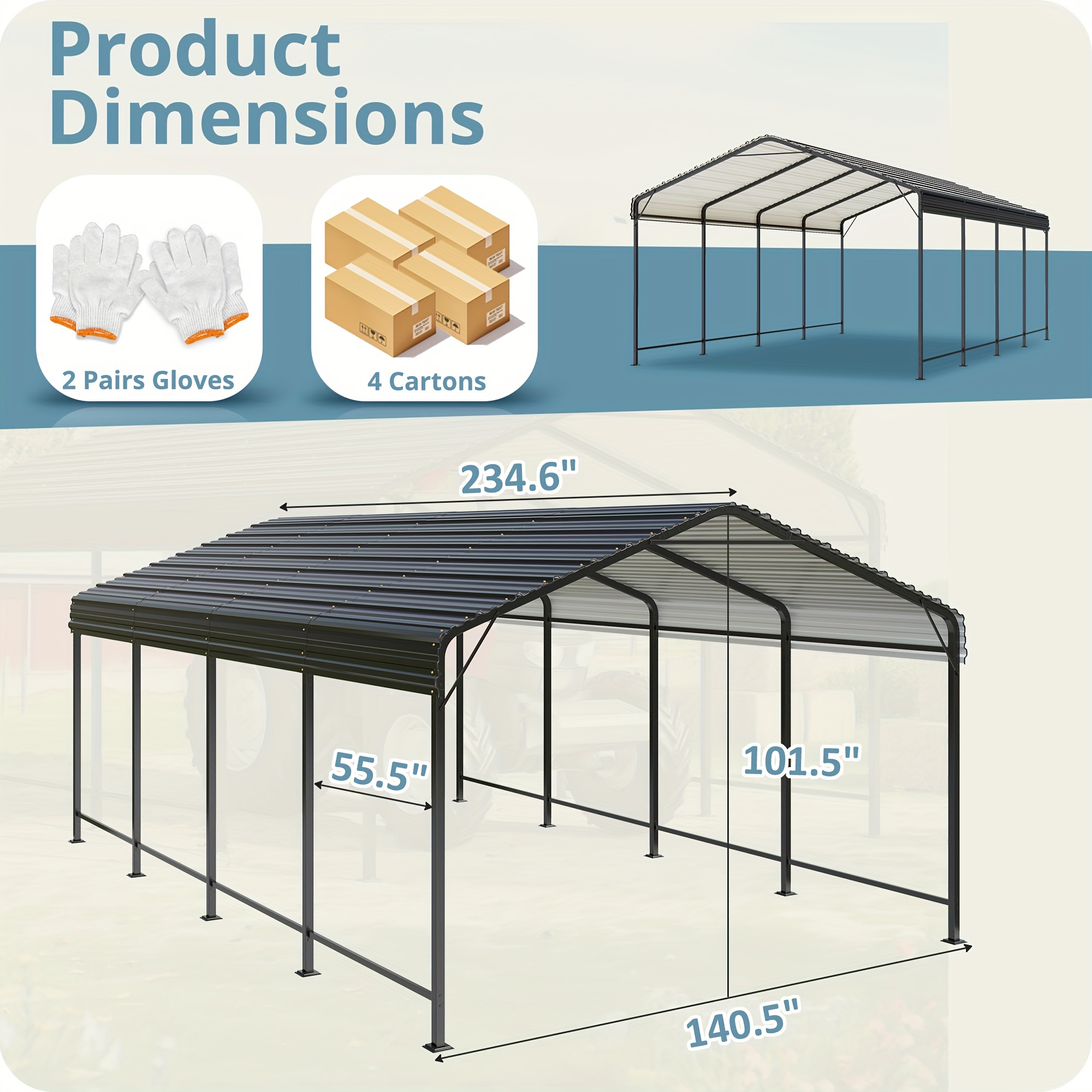VIWAT metal carport with reinforced base - a sturdy outdoor garage suitable for trucks, boats, cars, and tractors, available in two sizes: 12x20 feet and 10x15 feet