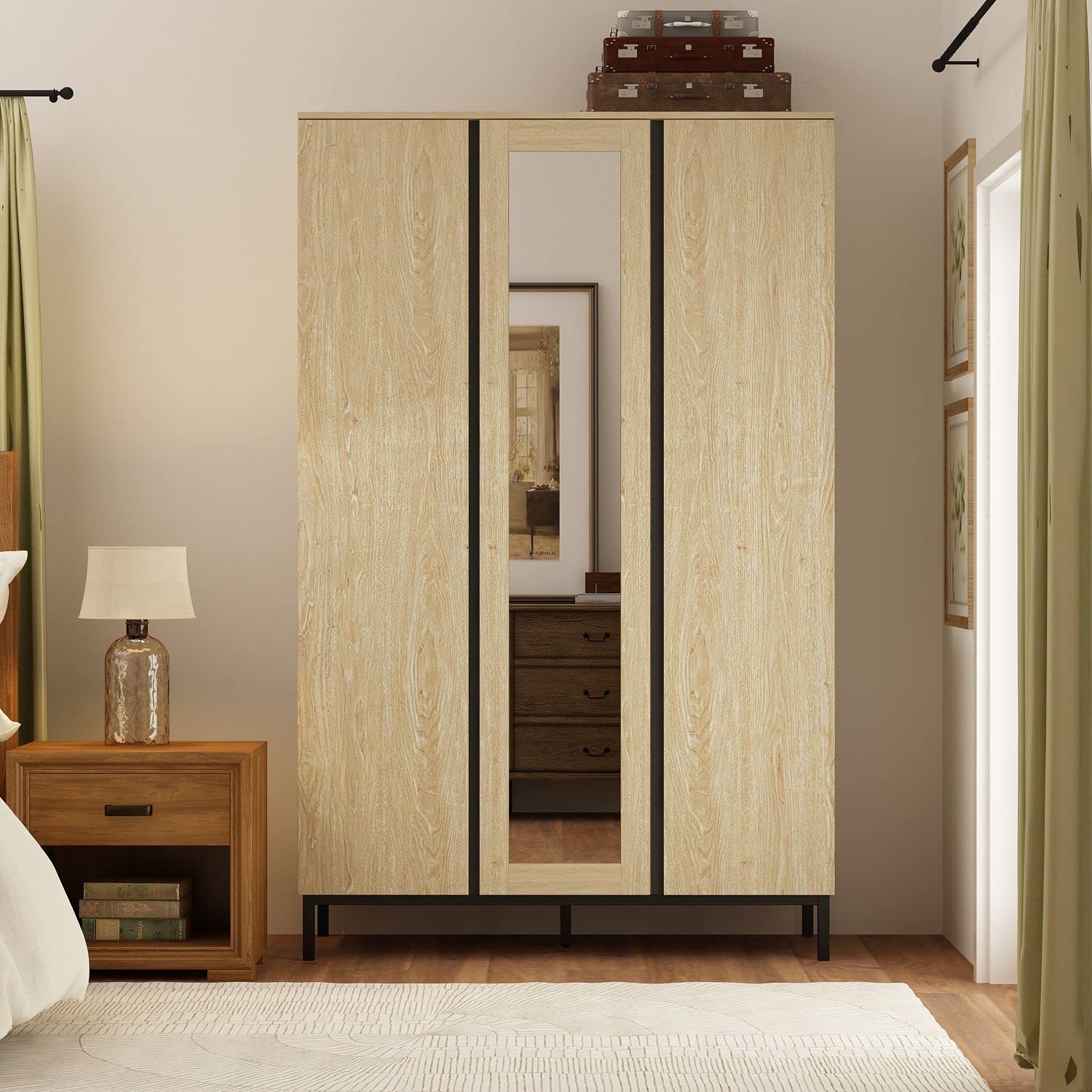Armoires and Wardrobes with Mirror & 3 Doors, Armoire Wardrobe Closet with Storage Shelves