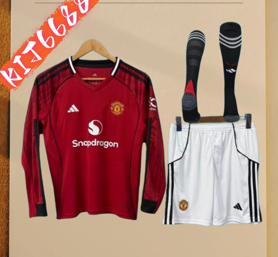2526 Manchester United home long sleeves Football Shirt ( Kids Kit )socks