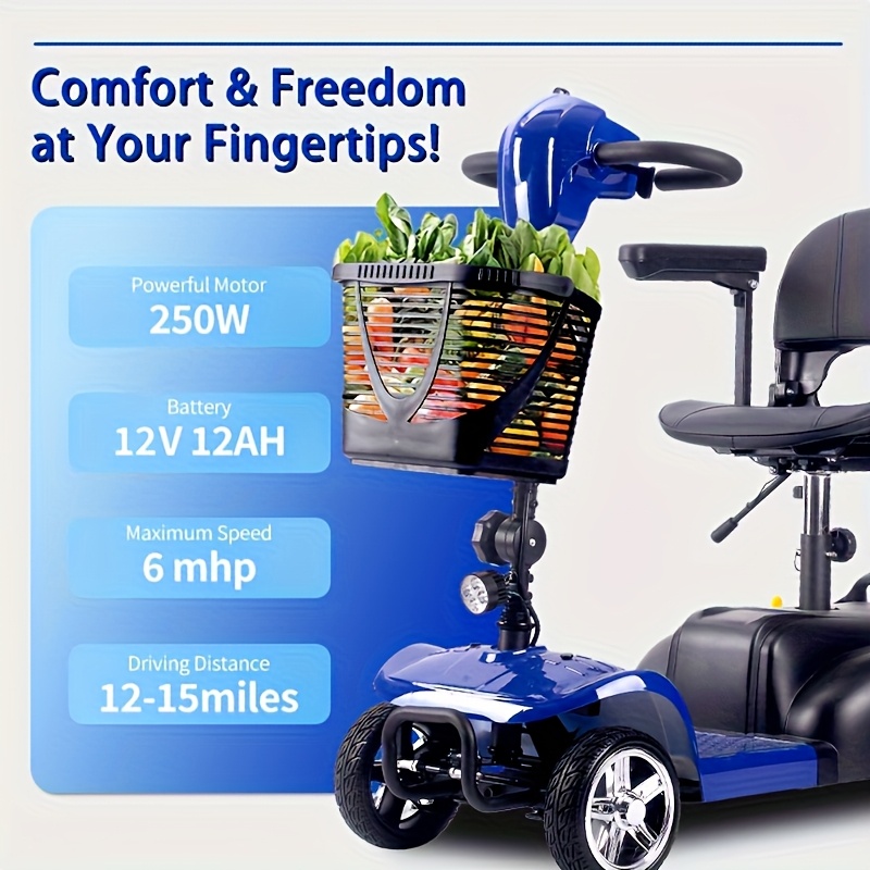 Adult four-wheel folding mobility scooter, 250-watt 12-volt motor, 12-amp-hour battery with a 15-mile range, equipped with LED front lights and a detachable storage basket.Comes with a tool kit, charger, and manual.Holiday Surprise Gifts