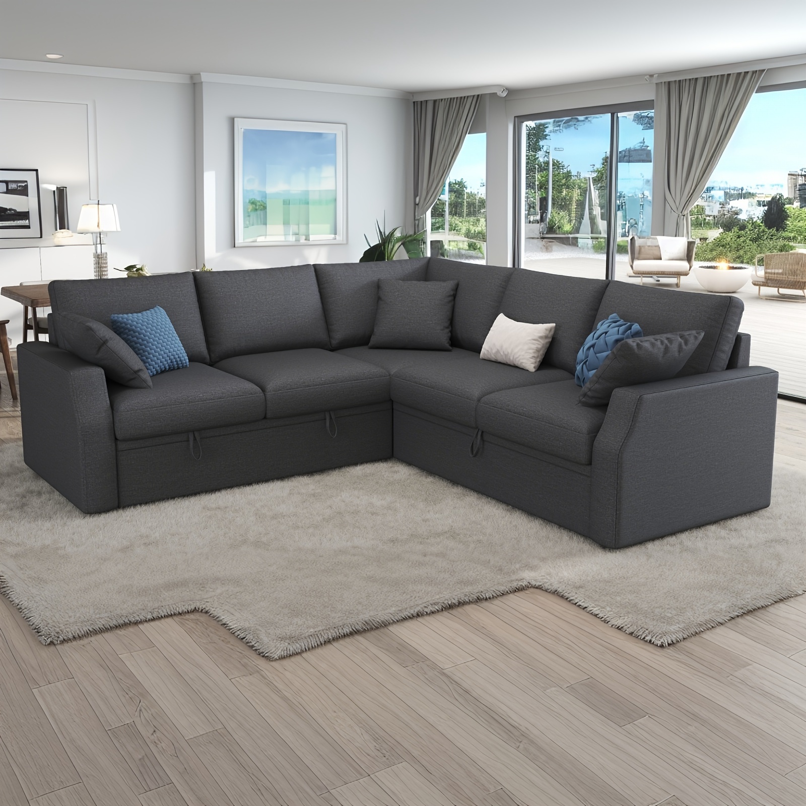 L-shaped sofa bed with pull-out mattress and storage seat, linen fabric corner combination sofa, suitable for living rooms and apartments