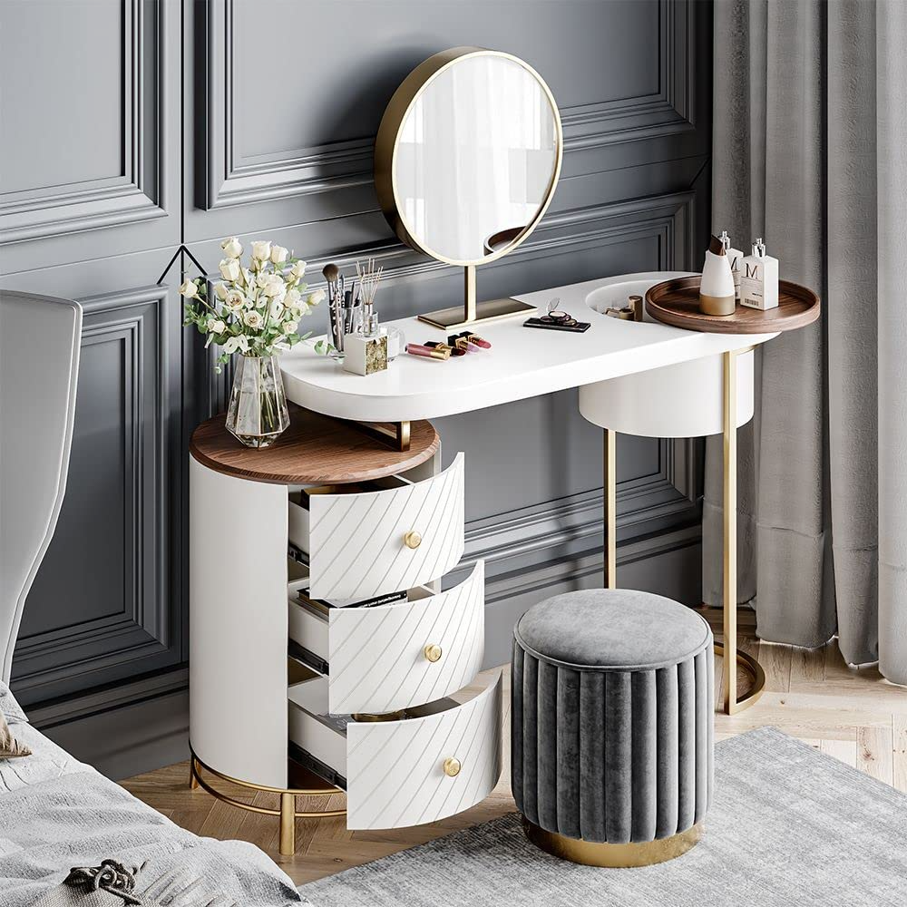 Modern Makeup Vanity Table with LED Lighted Mirror, Dressing Table with Movable Tray Top, 43