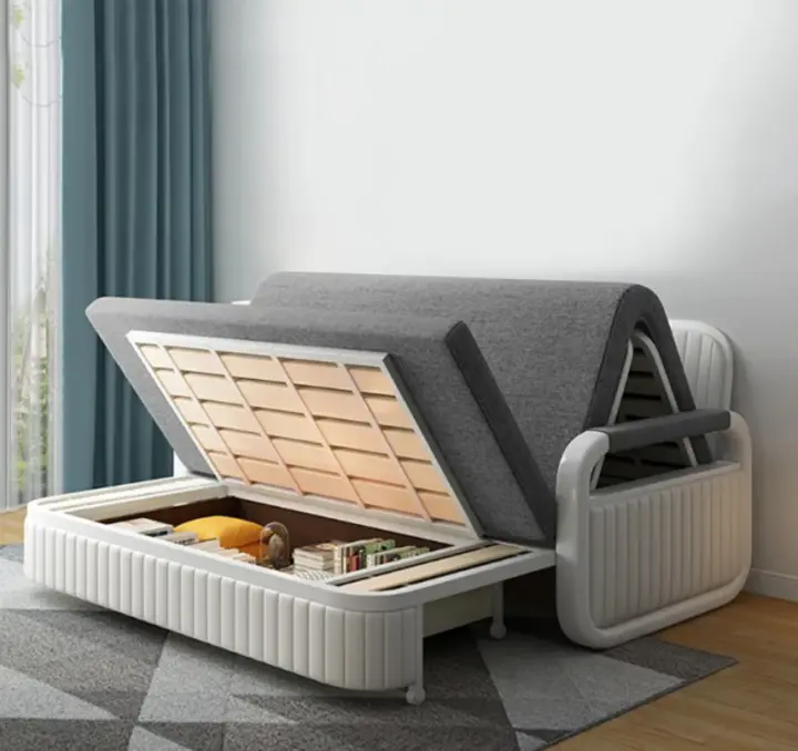 Cotton and linen upholstered sofa bed with storage