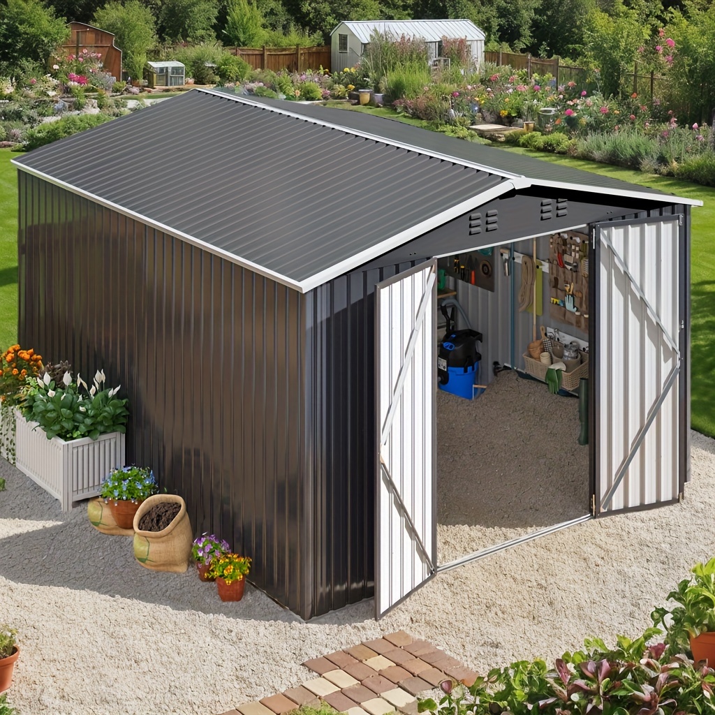 8x12/10x10/10x14 feet outdoor storage shed, metal garden shed, featuring an upgraded frame structure, black tool shed suitable for backyard gardens, patios, and lawns