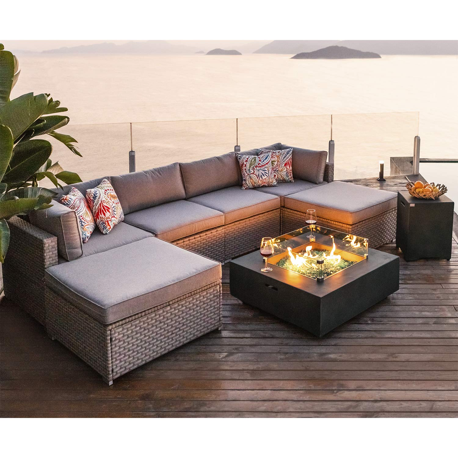 8-Pc Fire Pit Table Outdoor Furniture Sofa, Wicker Cushion Sectional w Celadon Fire Heater