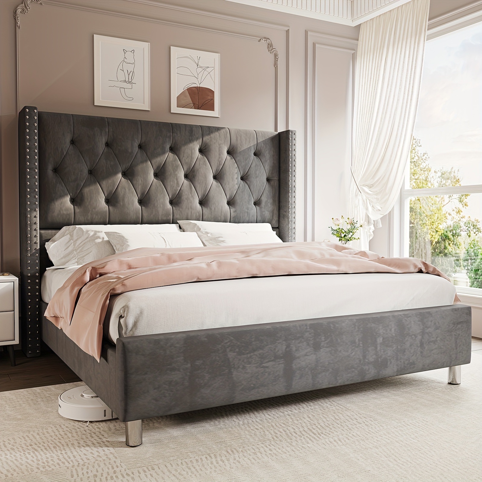 Papajet velvet headboard bed frame, with wing-style headboard, no box mattress required