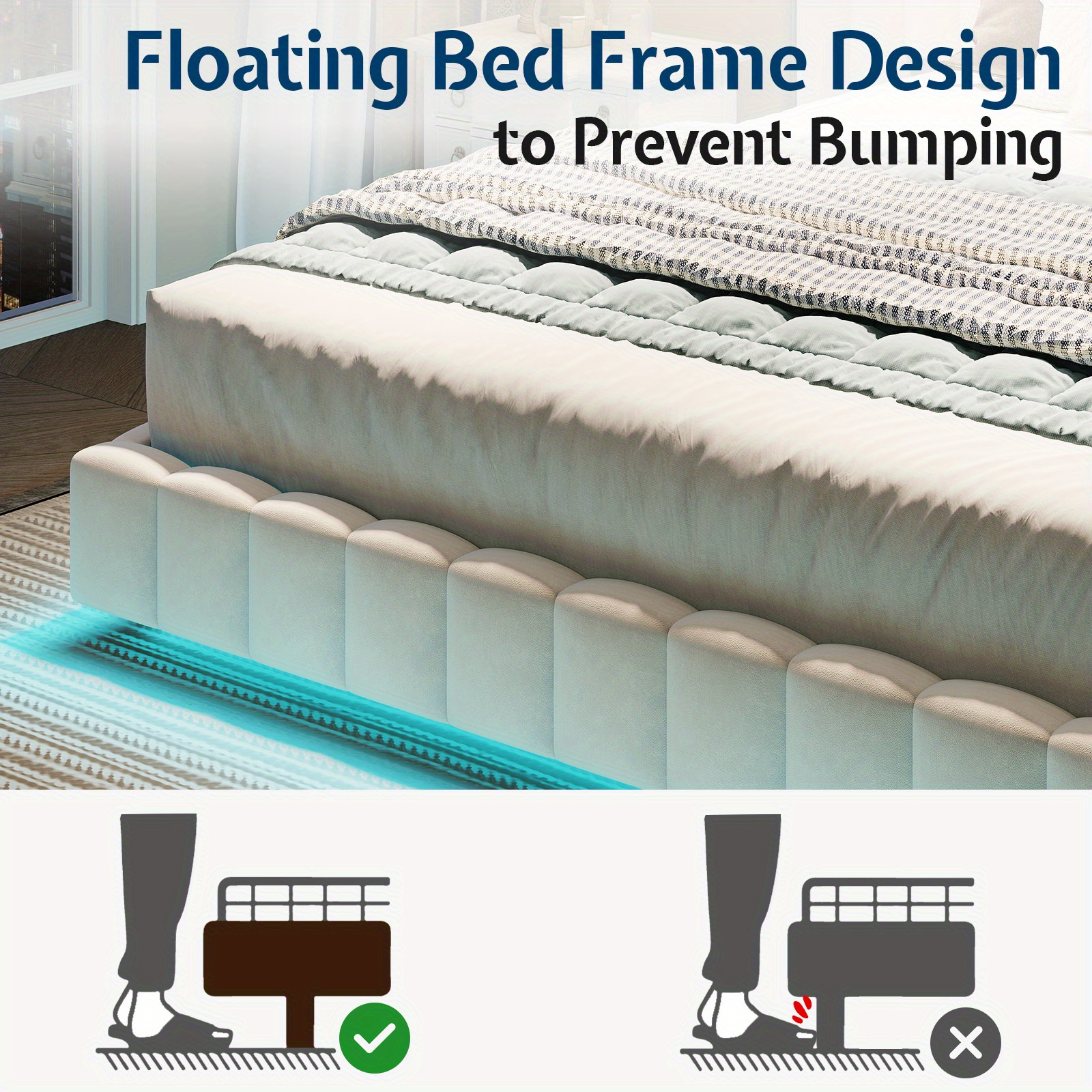 LUXOAK Silk Upholstered Bed Frame, Wide Headboard, Floating Platform, RGB LED Lights, Channel Velvet Design, No Box Spring Required
