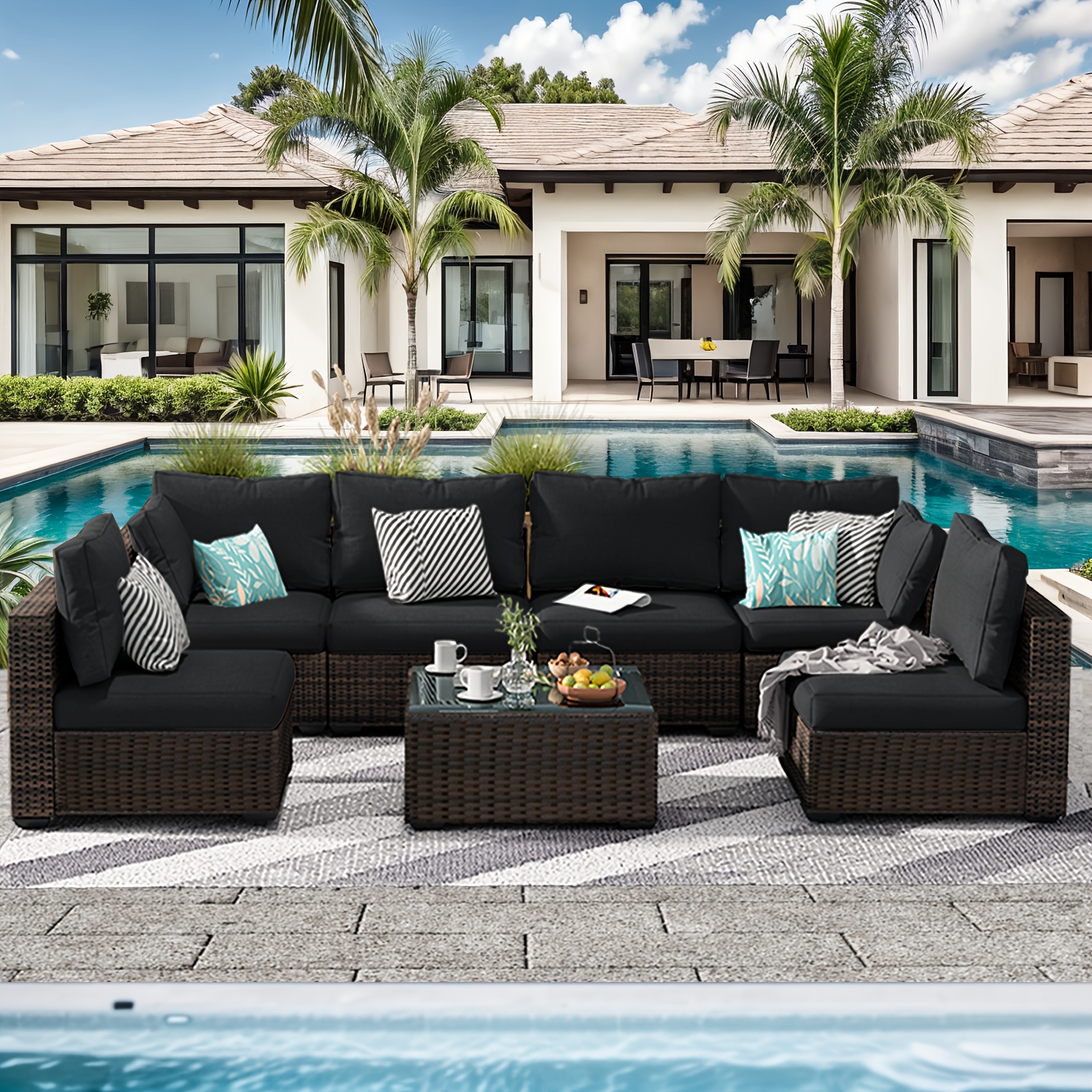 7-piece patio furniture set, outdoor sectional sofa, all-weather outdoor PE rattan, patio reception set with cushions and glass coffee table, suitable for garden, lawn, balcony, porch, and deck