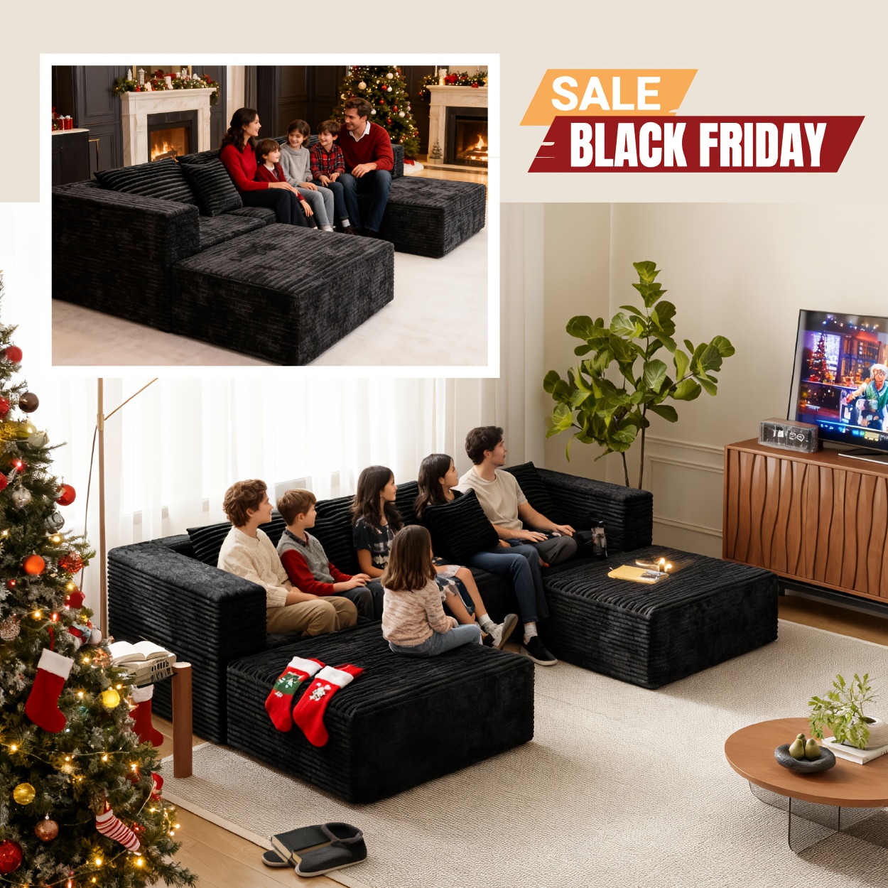 Five-piece U-shaped living room sofa set: modular sofa bed with memory foam cushions and corduroy fabric, frameless structure requires no installation, instantly adds a Christmas atmosphere to the living room