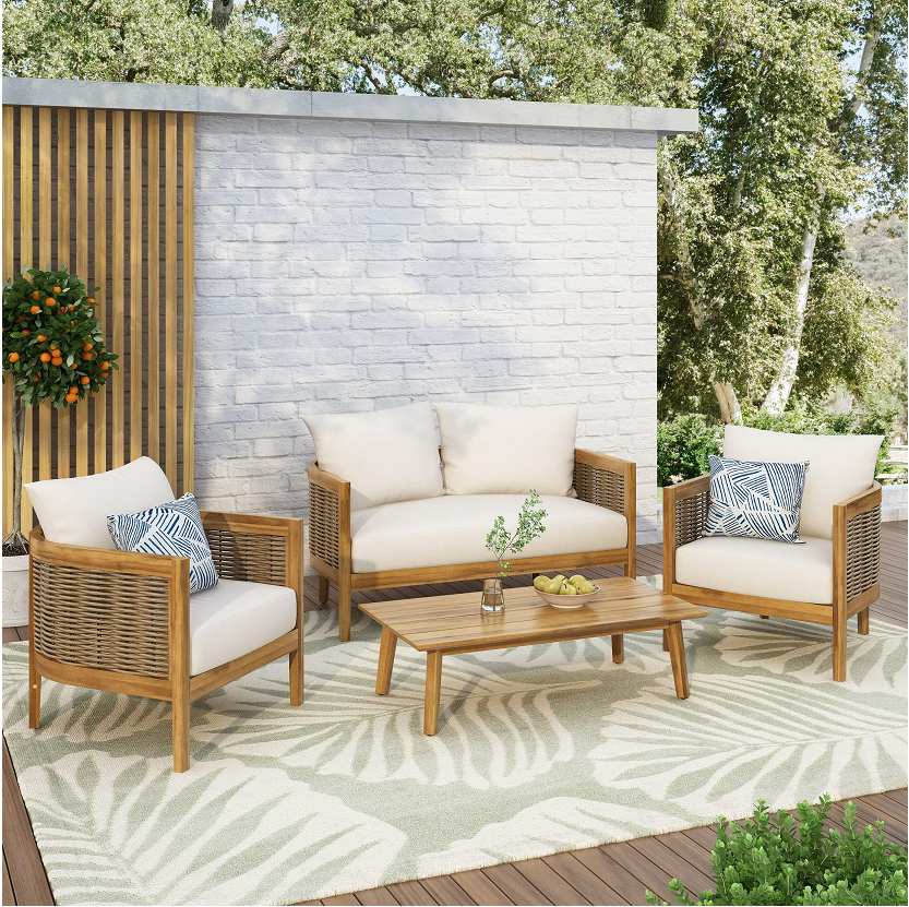 Burchett Outdoor 4 Pcs Chat Set - Acacia Wood and Wicker - Teak/Mixed Brown/Beige