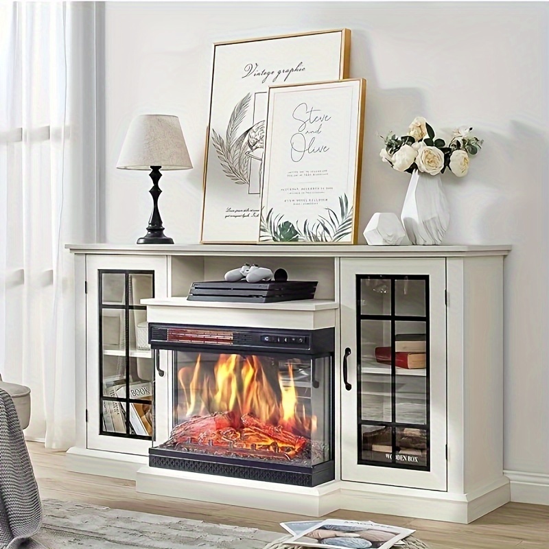 White distressed 59inch TV cabinet with fireplace, featuring a three-sided glass design, available in 12 colors, and includes closed storage space with doors, capable of holding TVs up to 65inch.