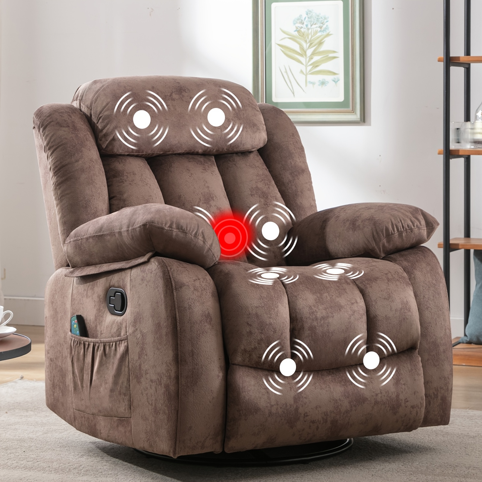 Heavy-duty manual massage chair with heating and vibration functions - 360-degree rotating rocking recliner, non-slip sofa, metal frame with soft cushion, easy to assemble for the living room (single seat)