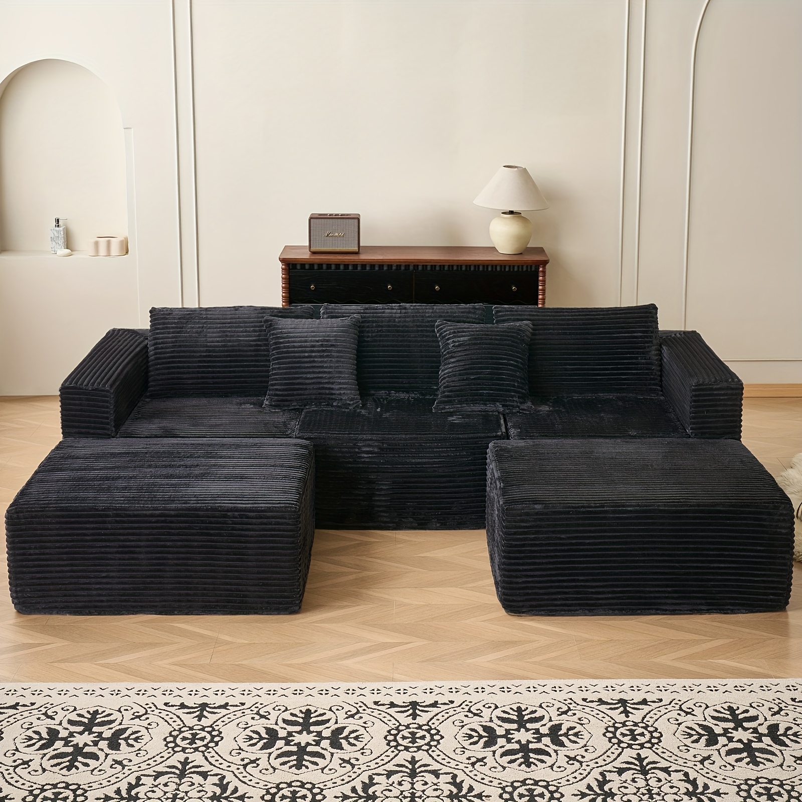 110.24inch Modular Sectional Sofa, U-Shaped Sofa with Chaise Lounge, Striped Fabric Four-Seater Sofa for Living Room and Bedroom (Corduroy), Freely Combinable Sofa (Black/Gray)