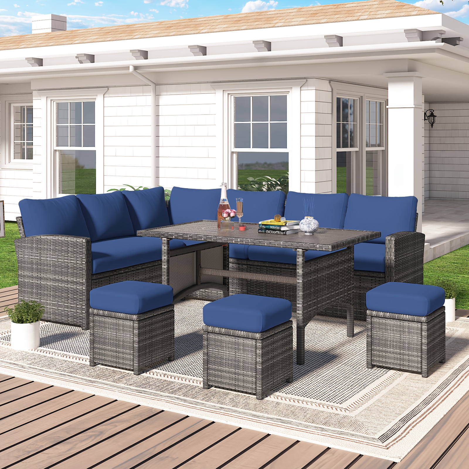 YODOLLA Patio Furniture Set, 7-Piece Outdoor Patio Furniture with Dining Table and Chairs, All-Weather Wicker Conversation Set with Bench