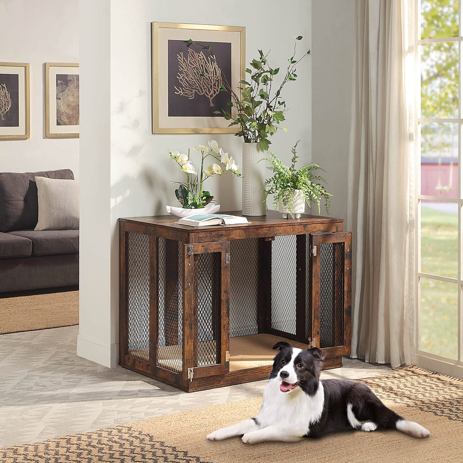 Furniture Style Dog Crate with Cushion & Tray, Mesh Dog Kennels, End Table Dog House