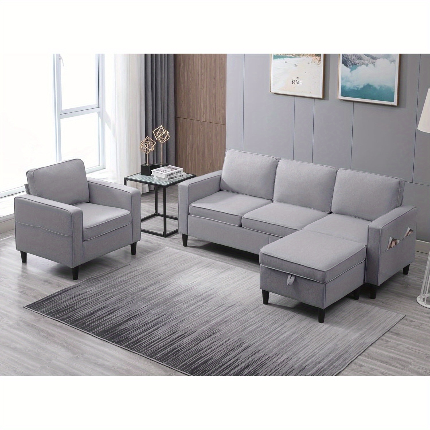 Living Room Sofa Set 2-Piece, 3-Seater Modular Sectional Sofa with Armchair and Storage Ottoman, Linen Fabric Comfortable Furniture Set, Suitable for Small Spaces/Apartments